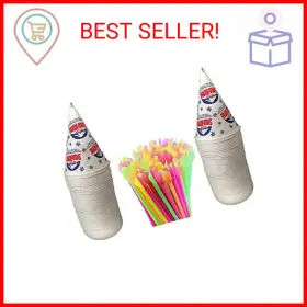 Concession Essentials 313112955947 200 Count 6oz Snow Cone Cups With 8 Inch Neon Spoon Straws