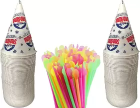 Cespoonstraws100ct-100ctcone Concession Essentials 100 Count 6oz Snow Cone Cups With 8 Inch Neon Spoon Straws Pack Of 200ct C