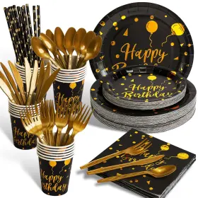 Coobos 778167041328 200 Pieces Of Black And Gold Birthday Party Supplies Disposable Happy T