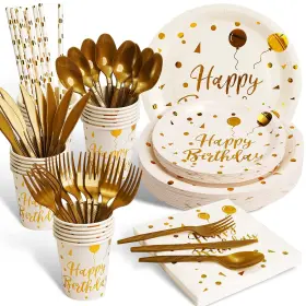 Coobos 778167041335 200 Pieces Of White And Gold Birthday Party Supplies Disposable Happy Birthd