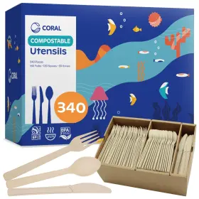 Coral 710898260337 100% Compostable Cutlery Set 340 Pieces - Heavy Duty 160 Forks 120 Spo