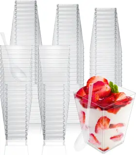 Cptoion 744759530271 100 Pack 5 Oz Dessert Cups With Spoons Plastic Clear Square Parfait