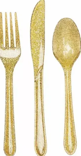 019805 Creative Converting Glitz Glittering Gold Plastic 24 Pc Asst Cutlery Forks Knives Spoons