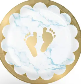Creative Converting 039938837075 Marble Baby Shower Footprints Dessert Plates 7 Inch Blue White And Gold