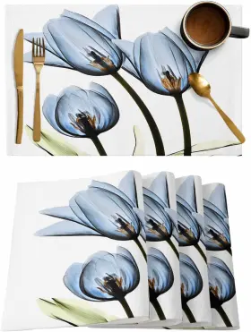 201120pyl-fxq-cen Crystal Emotion Place Mats Indoor Set Of 6 Blue Flower Cotton Linen Placemats For 6pc