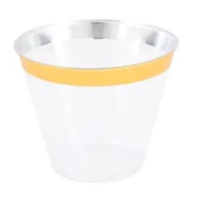 Crystal Ridge Tableware 198168151976 Premium Gold Rim Clear Plastic Cups 9 Oz. Reusable Drinking Cup Set Dispos