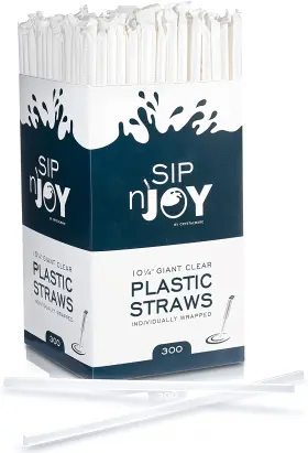 Crystalware 744759105134 Plastic Giant Jumbo Straws Individually Wrapped 10-1/4 Inch Long 300 Box Clear