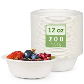 Cxsel 605556882621 Paper Bowls 200 Pack 12 Oz Disposable Heavy Duty Bagasse Hot Soup Bo