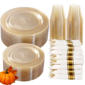 Dayammi 779776764903 350 Pieces Gold Glitter Dinnerware Set 50 Guest For Party Thanksgiving Plates