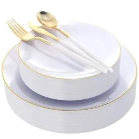 Dayammi 779776764927 30 Guests Gold Plastic Plates With Disposable Silverware Cutlery Wh