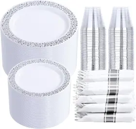 Ed00 Dayammi 210pcs Silver Plastic Dinnerware Set 210 C Glitter/silver