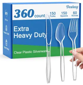 Dealusy 645656277576 360 Count Extra Heavy Duty Clear Plastic Silverware 150 Forks Spoons 6