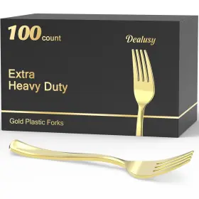 Dealusy 645656277606 100 Count Heavy Duty Gold Plastic Forks Disposable Bpa-free Heat Resistant So