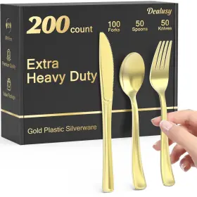 Dealusy 645656277620 200 Count Heavy Duty Gold Plastic Silverware 100 Forks 50 Spoons 5