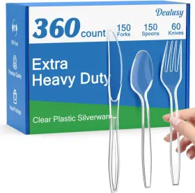 Dealusy 705353075933 360 Count Extra Heavy Duty Clear Plastic Silverware 150 Forks Spoons 60 K