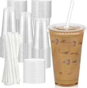 Pet20 Dealusy 100 Pack - 20 Oz Clear Plastic Cups With Lids And Straws Sturdy Food Safe Ice