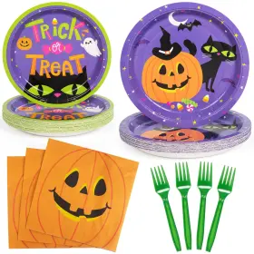 00lda569 Decorlife 96 Pcs Halloween Plates And Napkins Party Supplies Serve 24 Tablewa