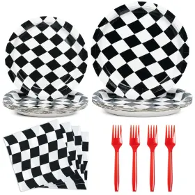 Decorlife 779880650185 96pcs Checkered Flag Party Supplies Black And White Plates Napkins