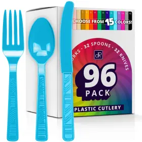 Decorrack 810035598997 Plastic Cutlery Set Turquoise Blue Silverware Sets For Parties 96 P