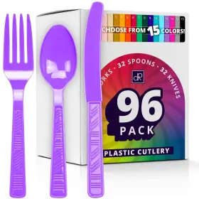 Decorrack 810035599017 Plastic Cutlery Set Purple Silverware Sets For Parties 96 Piece Bulk Hea