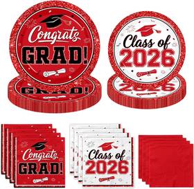Degeland 717639870064 Graduation Plates And Napkins 2026 200pcs Red White Decorations
