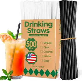 Delxo 313018080002 500 Count Individually Wrapped Black Plastic Straws - 10.25 Inch Long 0.2