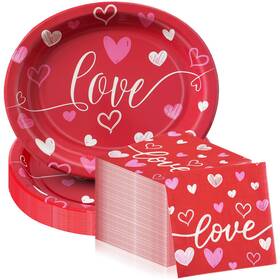 Dereinwo 765477465904 50pcs Valentines Day Large 12 Inch X 10 Oval Paper Plates And Napkins Disposable