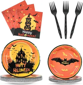 Dereinwo 768523986347 100 Pcs Halloween Party Plates And Napkins - Disposable Dinnerware For 25 Guests