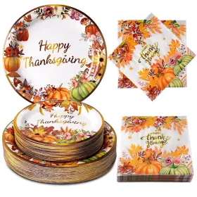 Dereinwo 768523986491 150 Pcs Thanksgiving Paper Plates And Napkins Fall Pumpkin Autumn Pa