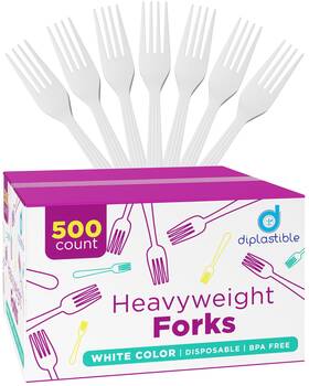 Diplastible 605943926518 500 Count Heavyweight Disposable White Plastic Forks Big Party Pack Forks