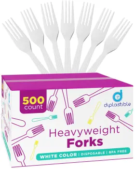 Diplastible 605943926518 500 Count Heavyweight Disposable White Plastic Forks Big Party Pack