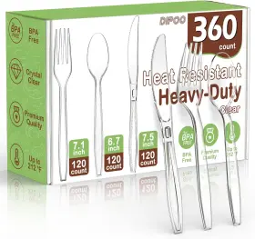 Y015 Dipoo 360 Count Plastic Silver Ware Heavy Duty 120 Forks Spoons Knives