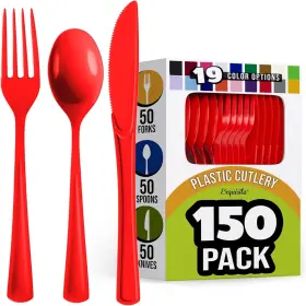 Display 313036368342 150 Pack Red Plastic Cutlery Set Silverware Heavy Duty Utensil