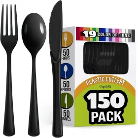 Display 313056330398 150 Pack Black Plastic Cutlery Set Silverware Heavy Duty Utens