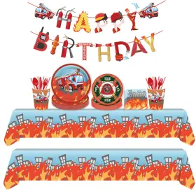 Dodelygz 768057662274 Firemen Party Tableware Set Fire Truck Firefighter Theme Supplies Serves 1