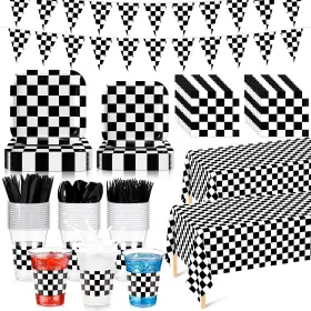 Gen-domensi-2929 Domensi 154 Pcs Black White Checkered Racing Party Supplies Tableware Set 30 Guests