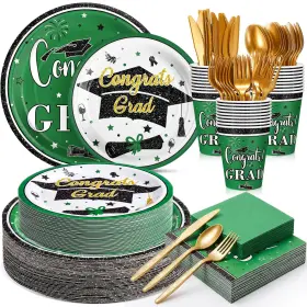 Gen-domensi-4988 Domensi New 400 Pcs 2026 Graduation Plates And Napkins Set Serve 50 Green White
