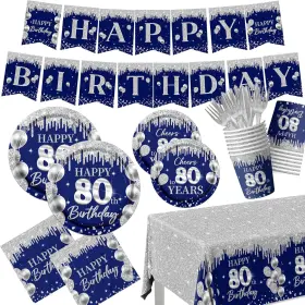 Doondysary 744759921765 80th Birthday Decorations Tableware Set 142pcs Sliver Blue Plates