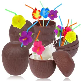 Droutti 631344575291 6 Pack Plastic Coconut Cup For Hawaiian Luau Party With Hibiscus Flower Straw