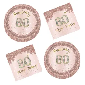 Dtdo 704030610583 40pcs 80th Birthday Plates Napkins Rose Gold Party Supplies Set