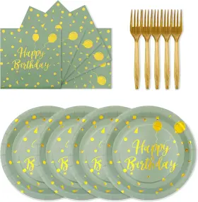 Dtgdascf 313112012091 72pcs Happy Birthday Sage Green And Gold Paper Plates Napkins Forks Party Set