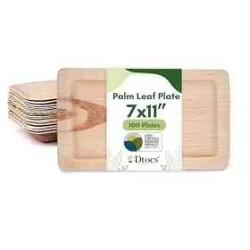 Dtocs 850064204117 Palm Leaf Plates 7x11 Inch Rectangle Pack 100 Trays Look Compostab