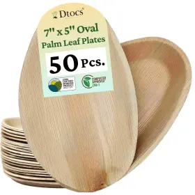 Dtocs 907393008397 Palm Leaf Plates Set 50 Pcs Oval 7x5 Inch Bamboo Disposable Li