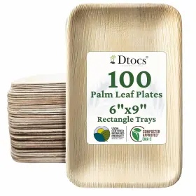 Dtocs 907393009011 Palm Leaf Plates 6x9 Inch Rectangle Pack 100 Organic Eco-friendly Biode