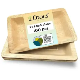 Dtocs 907393009035 Palm Leaf Plates 5x8 Inch Rectangle Pack 100 Organic Eco-friendly Biode