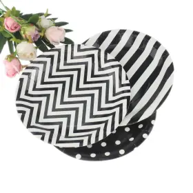 Dulousia 414833279519 Black Striped Polka Dot Chevron Paper Plates 36pcs - 9inch Round Party