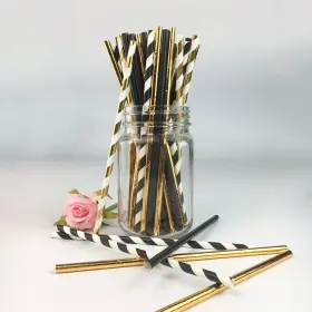 Dulousia 907224937812 Biodegradable Stripe Straws Gold And Black Paper Drinking For Party 100 P