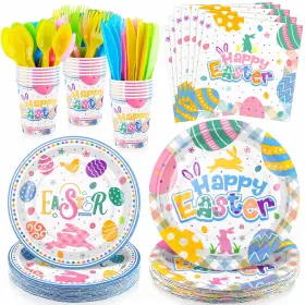 Dy0950 Durony 168 Pieces Easter Party Decorations Bunny Colorful Eggs Tableware Set