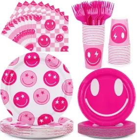 Dy1109 Durony 144 Pieces Preppy Birthday Decorations Pink Smile Face Tableware Set