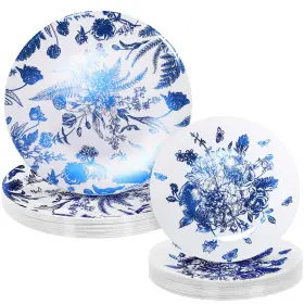 Dy1111 Durony 36 Pieces Blue And White Floral Plates Disposable Plastic Set 18 10